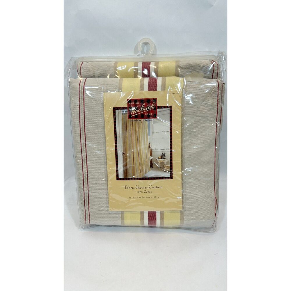 WOOLRICH Fabric Shower Curtain 100% Cotton NWT Khaki Yellow Red Stripe Cabincore
